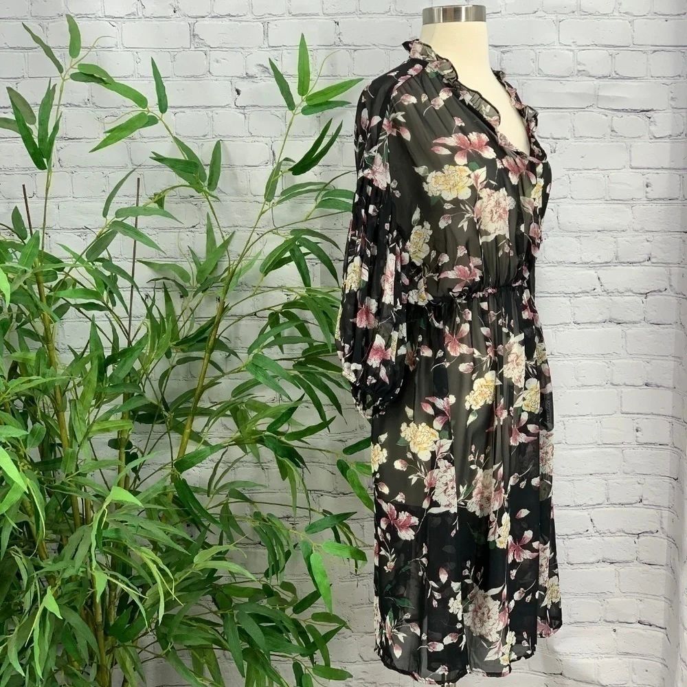 🎉Anthropologie Hazel Black w/ Floral Print Dress - Picture 2 of 6